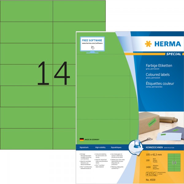 HERMA Etikett 4559 105x42,3mm A4 grün 1.400 St./Pack.