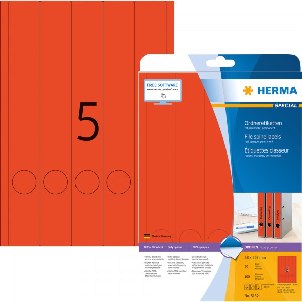 HERMA Ordneretiketten 5132 DIN A4 38x297mm rot 100 St./Pack