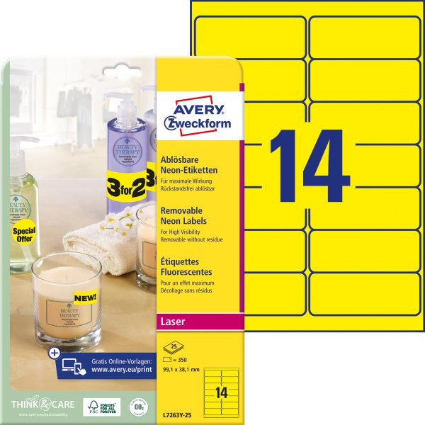 Avery Zweckform Etiketten L7263Y-25 , A4, 99,1 x 38,1 mm, 25 Bogen/350 Etiketten, neongelb